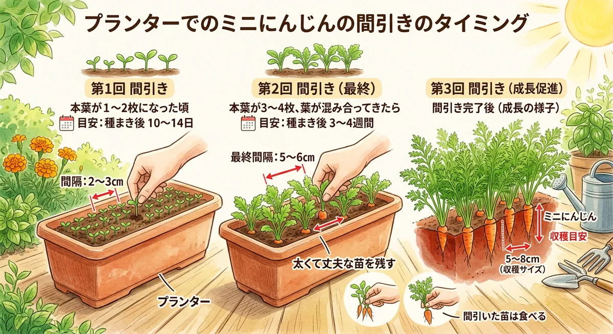 ミニにんじんのプランター栽培での間引きのタイミングのイラスト